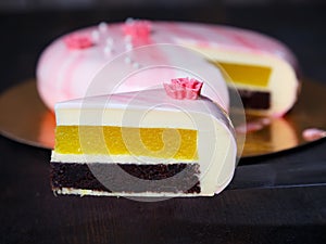Mousse cake. Chocolate biscuit, pineapple confit and white chocolate mousse