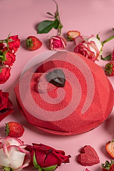 Mousse cake in shape of heart. Velor cover. Homemade pastry shop. Gift for Valentine`s Day