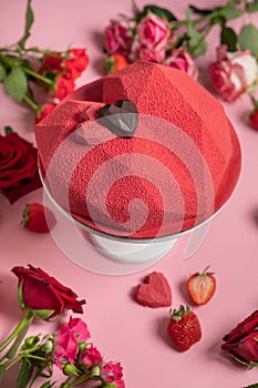 Mousse cake in shape of heart. Velor cover. Homemade pastry shop. Gift for Valentine`s Day