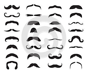 Moustache icons. Black moustaches, man accessories or props. Barber shop, gentlemen model face hairs. Isolated hipster