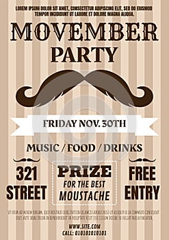 Moustache party invitation. Movember card. Prostate cancer awareness. November event. Male mustache holiday