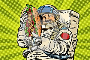 Moustached astronaut with a hotdog