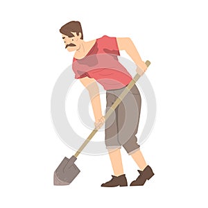 Moustached Man Archaeologist with Shovel Working on Excavations in Search of Archaeological Remains Vector Illustration