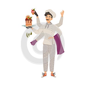 Moustached Man as Super Chef in Toque and Jacket Multitasking Vector Illustration