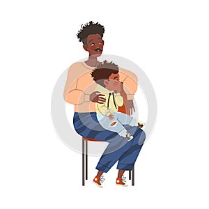 Moustached Man Character with Kid Waiting in Queue Sitting on Chair Vector Illustration