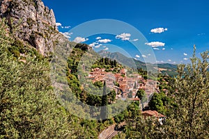 Moustiers Sainte Marie village with rocks in Provence, France