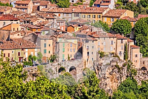 Moustiers Sainte Marie village with rocks in Provence, France