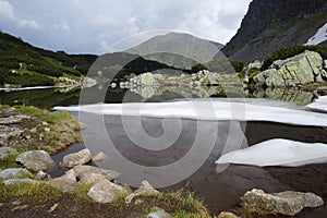 Moutains lake with snow