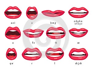 Mouth animation. Lip sync animated phonemes for cartoon woman character. Mouths with red lips speaking animations vector