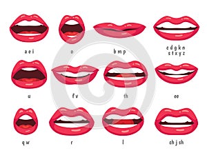 Mouth animation. Lip sync animated phonemes for cartoon woman character. Mouths with red lips speaking animations vector set