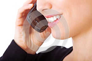 Mouth, closeup and person with phone call for communication, contact and virtual chat. Cellphone, conversation and woman