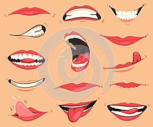 Mouth expressions. Lips with a variety of emotions, facial expressions. Female lips in cartoon style. Collection of