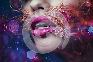 Mouth Fashion model , abstract smoke and particles around her skin. Generative ai
