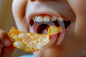 Mouth of a happy boy having a potato chip