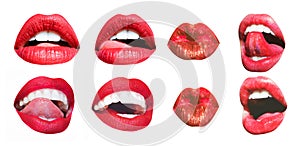 Mouth Icon. Sexy female lips with red lipstick isolated on white. White teeth, tongue of beautiful young women