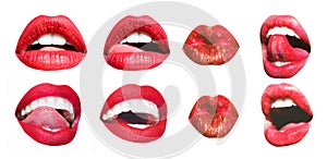 Mouth Icon. Sexy female lips with red lipstick isolated on white. White teeth, tongue of beautiful young women photo