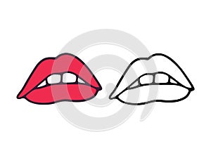 Mouth or lips with teeth in cartoon and outline stye