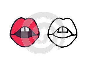 Mouth or lips with teeth in cartoon and outline style