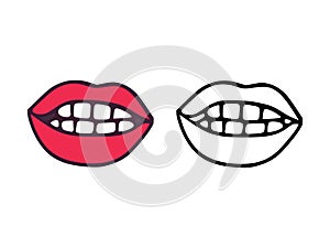 Mouth or lips with teeth in cartoon and outline style