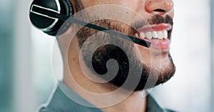 Mouth, microphone and headphones at callcenter with man for customer service, phone call and CRM with smile