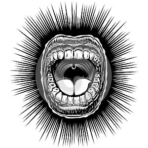 Mouth Open Scream Ink Hand Draw Vintage Monochrome Black