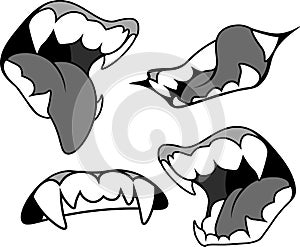 Mouth with pointed fangs in several versions. Vampire, werewolf, evil, halloween.