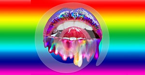 Mouth  on rainbow background. Melting lips with tongue. Sexy lips icon. Homosexuals flag. Ice cream kiss. Adult