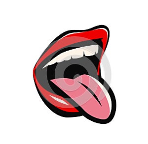 Mouth with red lips and tongue. Cartoon vector illustration