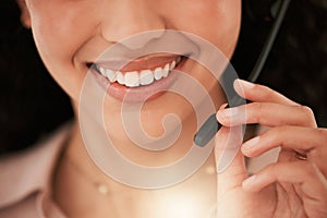 Mouth, smile and headset for crm, call center and technology service agency. Consultant, computer and telemarketing