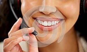 Mouth, smile and person with mic at call center, communication and contact us for tech support. CRM, sales and help desk