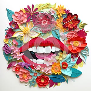 Mouth and teeth surrounded by flowers symbol of health and good smell isolated on white