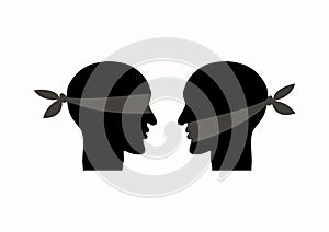 Mouth tied, blindfolded.