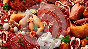 Mouth-watering assortment of meats and vegetables beautifully arranged on table. Perfect for
