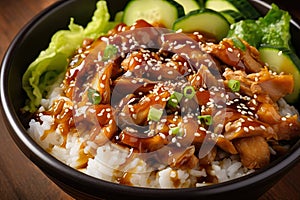mouth-watering chicken teriyaki bowl with rice, fresh lettuce, cucumber, and sesame seeds, drizzled with teriyaki sauce