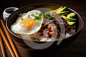 mouth-watering chicken teriyaki donburi bowl with sliced avocado, pickled ginger, and a sunny-side-up egg on top