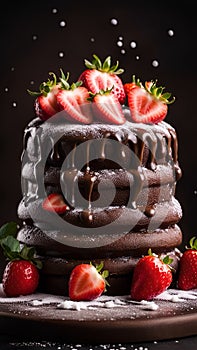 A mouth-watering image of a chocolate cake with fresh strawberries on top, sprinkled with powdered sugar