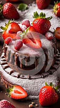A mouth-watering image of a chocolate cake with fresh strawberries on top, sprinkled with powdered sugar