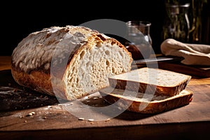 A mouth-watering loaf of bread sitting on top of a wooden cutting board, ready to be enjoyed., A slice of organic sourdough bread