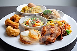 mouth-watering selection of international fast food dishes on white plate