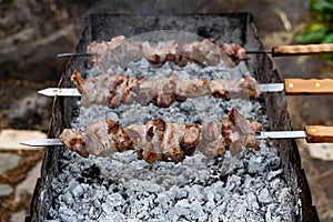 Mouth- watering skewers of pork with a toasted Golden crust and smoke flavor. Barbecue with coals in the yard in nature with cooke