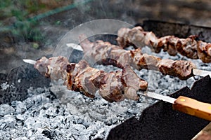 Mouth- watering skewers of pork with a toasted Golden crust and smoke flavor. Barbecue with coals in the yard in nature with cooke