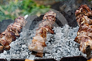 Mouth- watering skewers of pork with a toasted Golden crust and smoke flavor. Barbecue with coals in the yard in nature with cooke