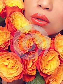 Mouth, zoom and woman with flowers, plants and bouquet for fragrance, scent and makeup for sustainable cosmetics. Girl