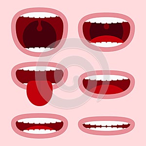 Mouths set with different expressions. Cartoon face elements with emotions - smile, screaming, showing tongue and teeth. Vector.