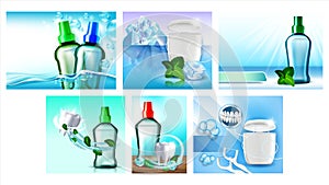 Mouthwash And Dental Floss Posters Set Vector