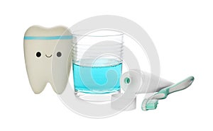 Mouthwash, toothbrush, paste and holder on white background