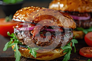 Mouthwatering Barbecue beef burgers. Generate Ai photo
