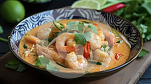 A mouthwatering bowl of y Thai curry featuring tender shrimp and crisp vegetables all coated in a creamy and y sauce