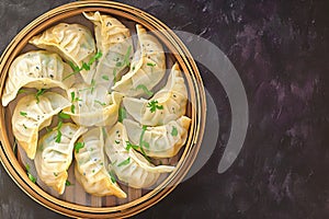 Mouthwatering cabbage dumplings arranged elegantly on dark backdrop