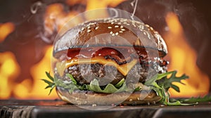 A mouthwatering cheeseburger hot off the grill with its juicy patty engulfed in flames. The intense heat adds an photo
